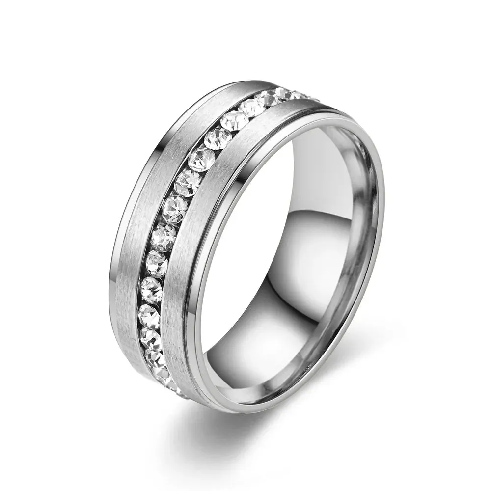 8mm Classic Men Rings Stainless Steel Inlay Crystal Ring Engagement Wedding Anniversary Woman Jewelry Accessories