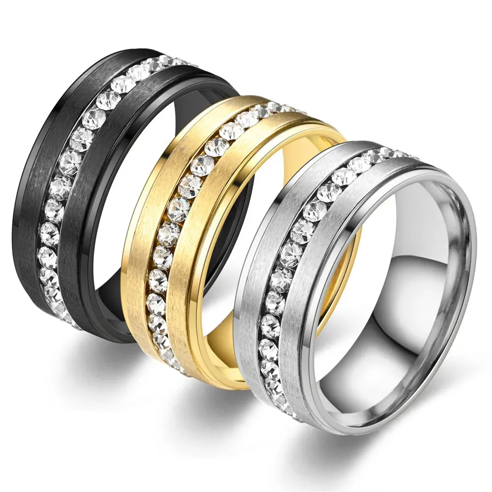 8mm Classic Men Rings Stainless Steel Inlay Crystal Ring Engagement Wedding Anniversary Woman Jewelry Accessories