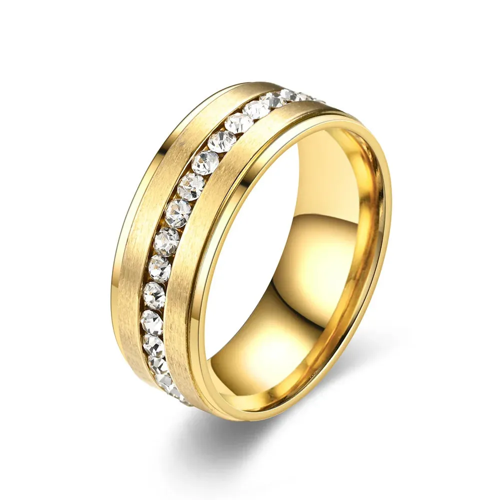 8mm Classic Men Rings Stainless Steel Inlay Crystal Ring Engagement Wedding Anniversary Woman Jewelry Accessories