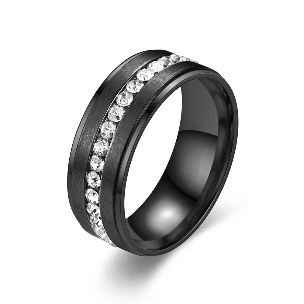 8mm Classic Men Rings Stainless Steel Inlay Crystal Ring Engagement Wedding Anniversary Woman Jewelry Accessories
