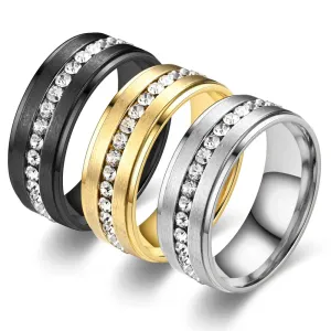 8mm Classic Men Rings Stainless Steel Inlay Crystal Ring Engagement Wedding Anniversary Woman Jewelry Accessories