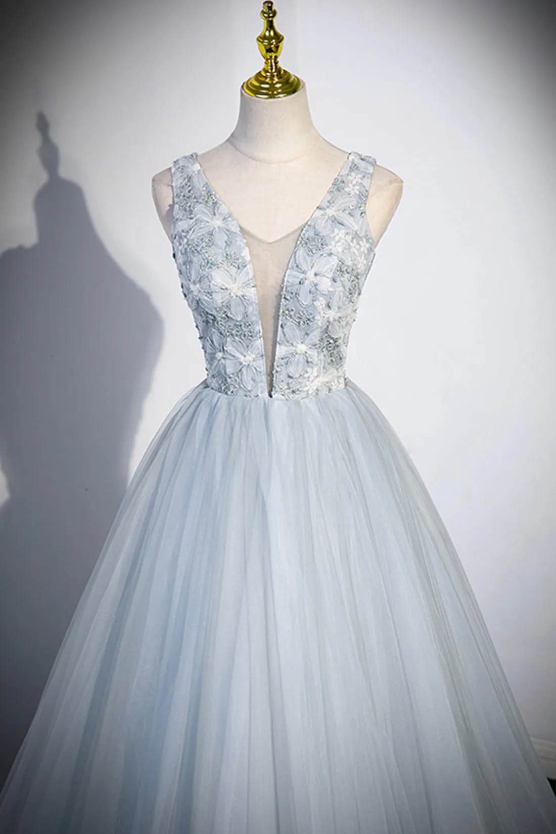 Angelica | Cute V-Neck Tulle Long Prom Dress, Gray Evening Dress Party Dress