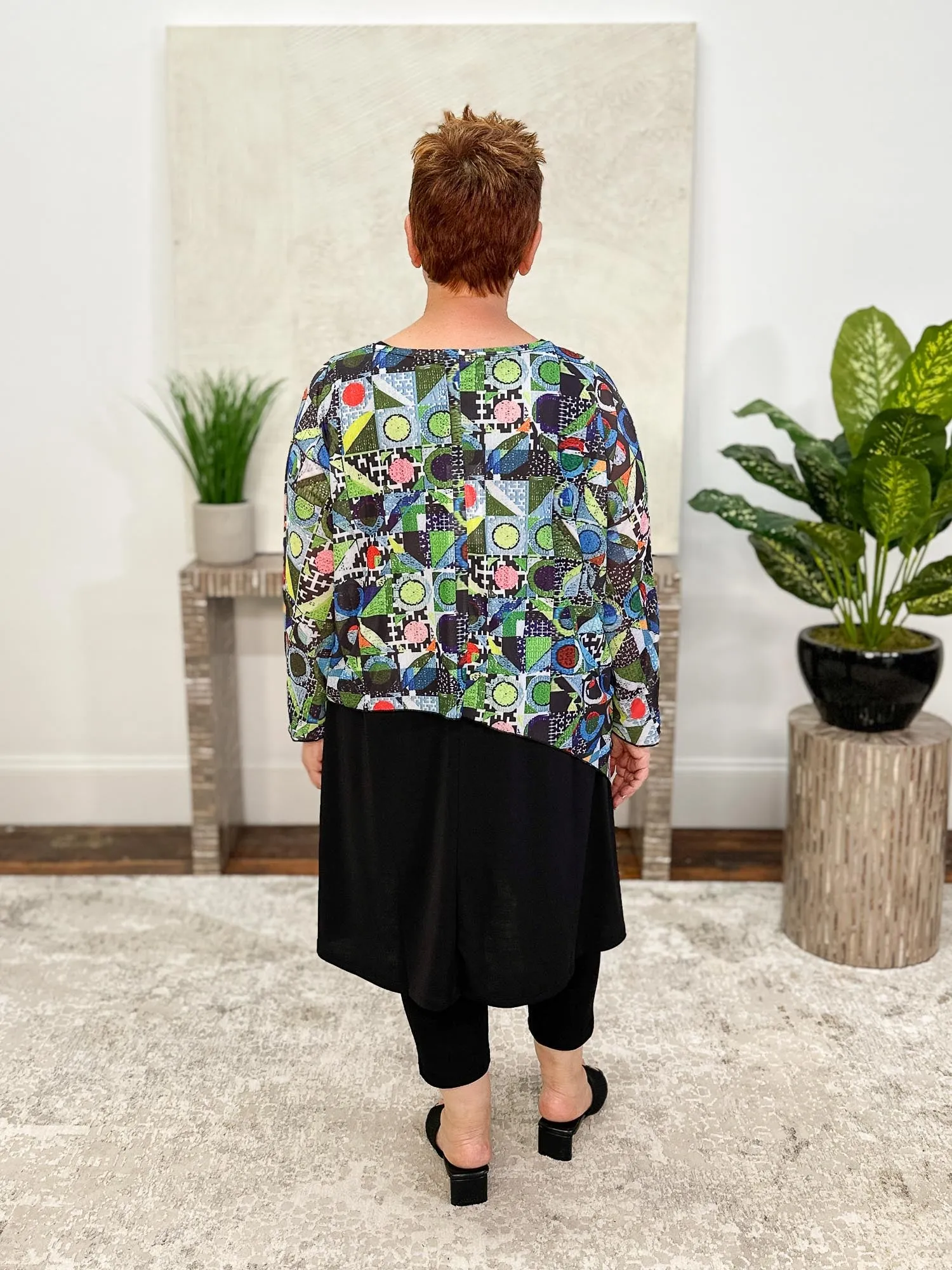 Asymmetric Printed Mesh Topper, Olive