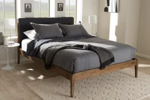 Clifford Dark Grey Fabric & Brown Finish Wood Platform Bed w/Tapered Legs (Full)