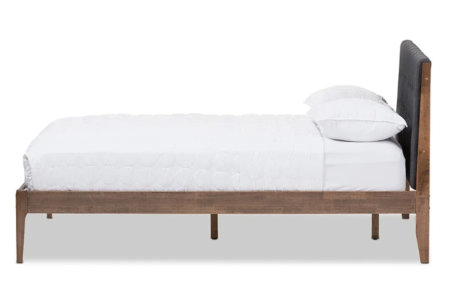 Clifford Dark Grey Fabric & Brown Finish Wood Platform Bed w/Tapered Legs (Full)