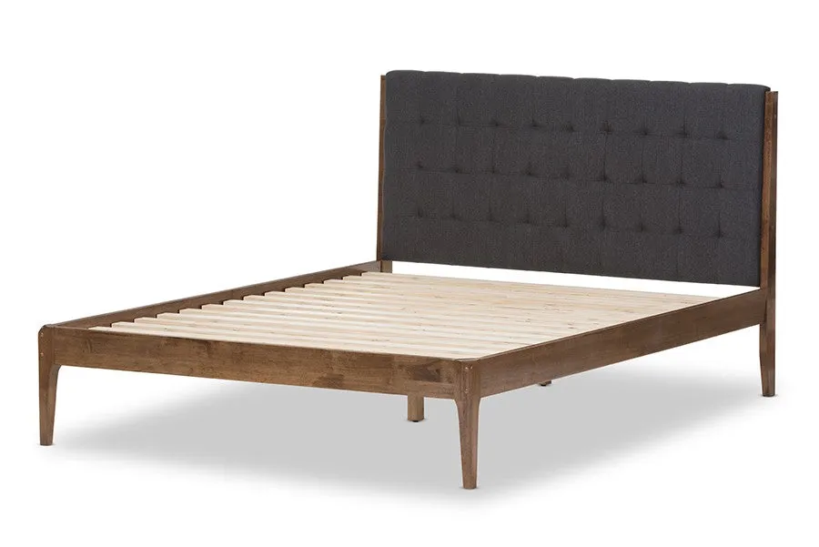 Clifford Dark Grey Fabric & Brown Finish Wood Platform Bed w/Tapered Legs (Full)