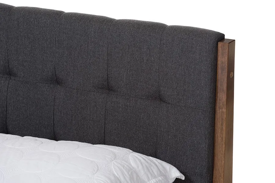 Clifford Dark Grey Fabric & Brown Finish Wood Platform Bed w/Tapered Legs (Full)