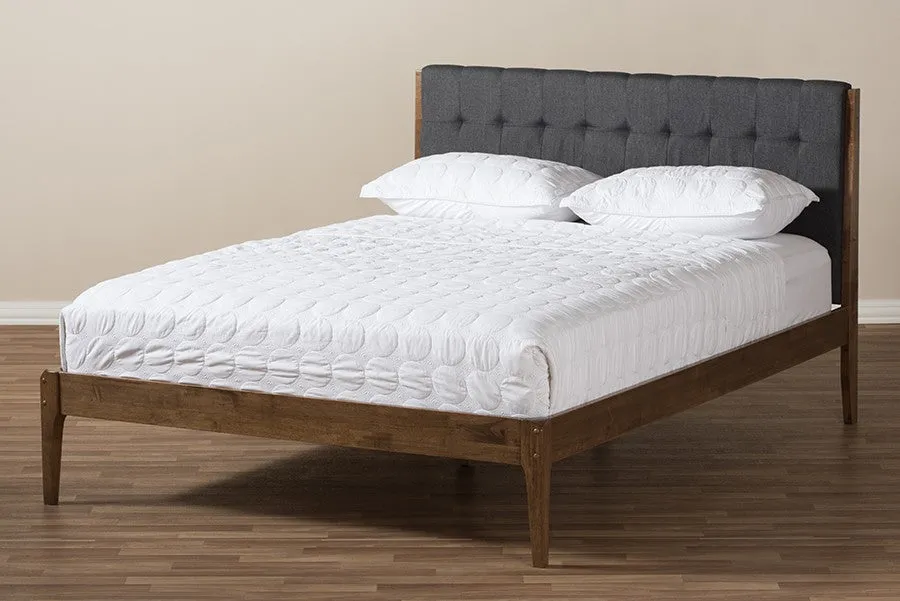 Clifford Dark Grey Fabric & Brown Finish Wood Platform Bed w/Tapered Legs (Full)