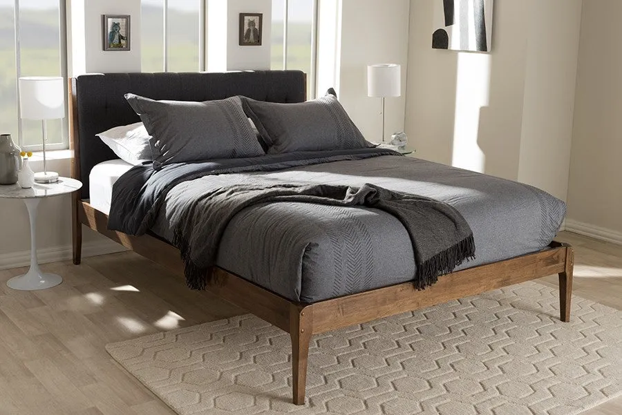 Clifford Dark Grey Fabric & Brown Finish Wood Platform Bed w/Tapered Legs (Full)