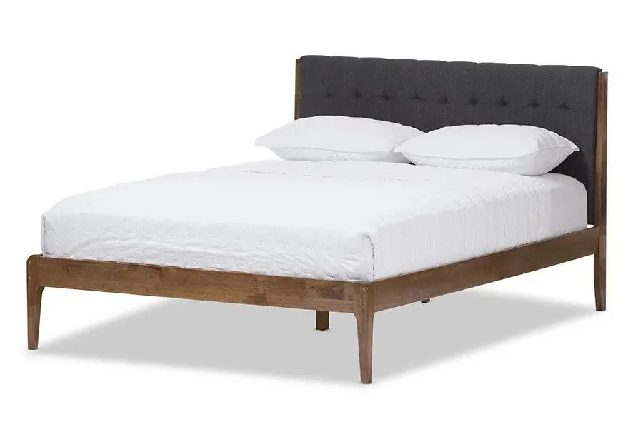 Clifford Dark Grey Fabric & Brown Finish Wood Platform Bed w/Tapered Legs (King)