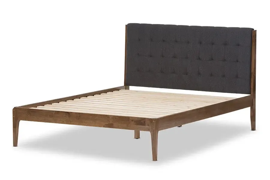 Clifford Dark Grey Fabric & Brown Finish Wood Platform Bed w/Tapered Legs (King)