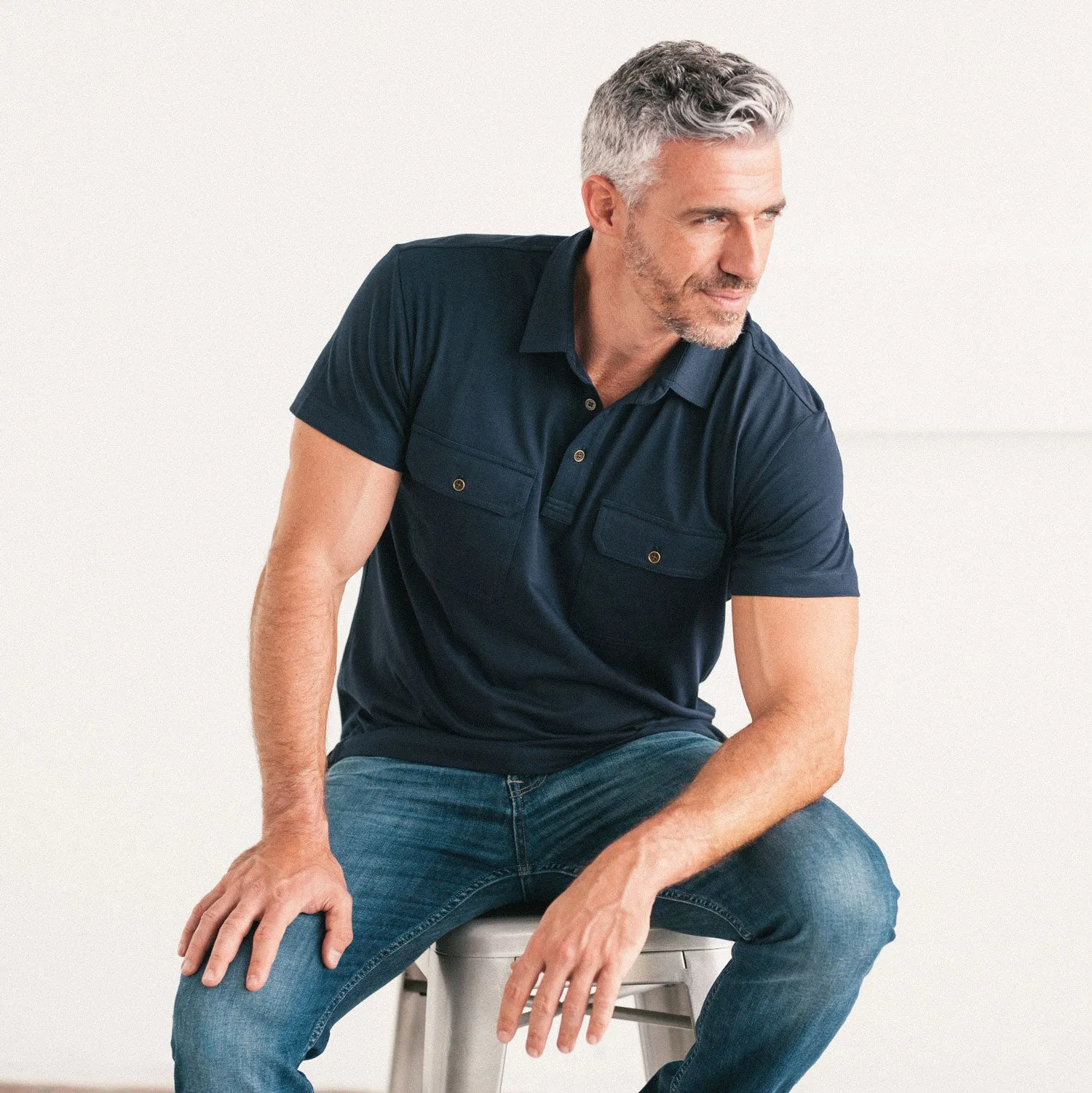 Constructor Short Sleeve Polo Shirt –  Navy Cotton Jersey