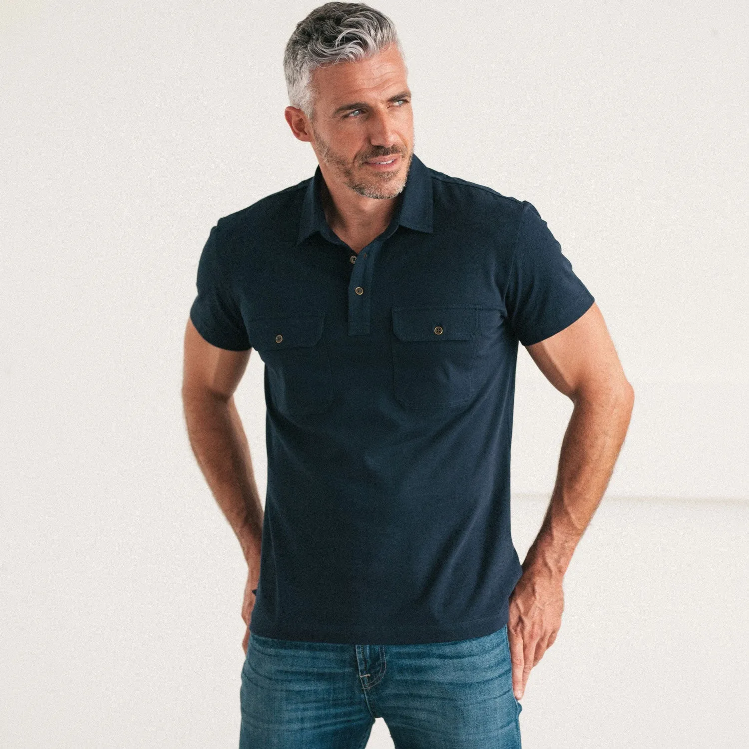 Constructor Short Sleeve Polo Shirt –  Navy Cotton Jersey