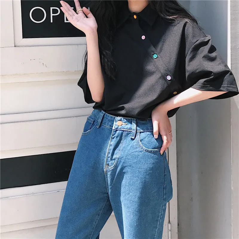 Feminine Blouse Summer Irregular Student Tops INS Hong Kong Vintage Loose Stand Collar Outerwear