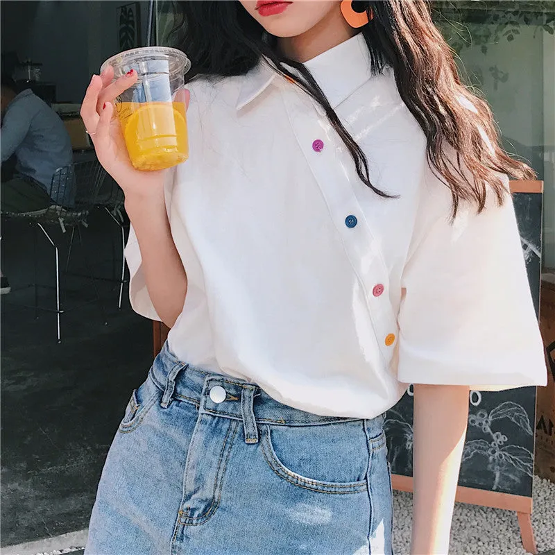 Feminine Blouse Summer Irregular Student Tops INS Hong Kong Vintage Loose Stand Collar Outerwear
