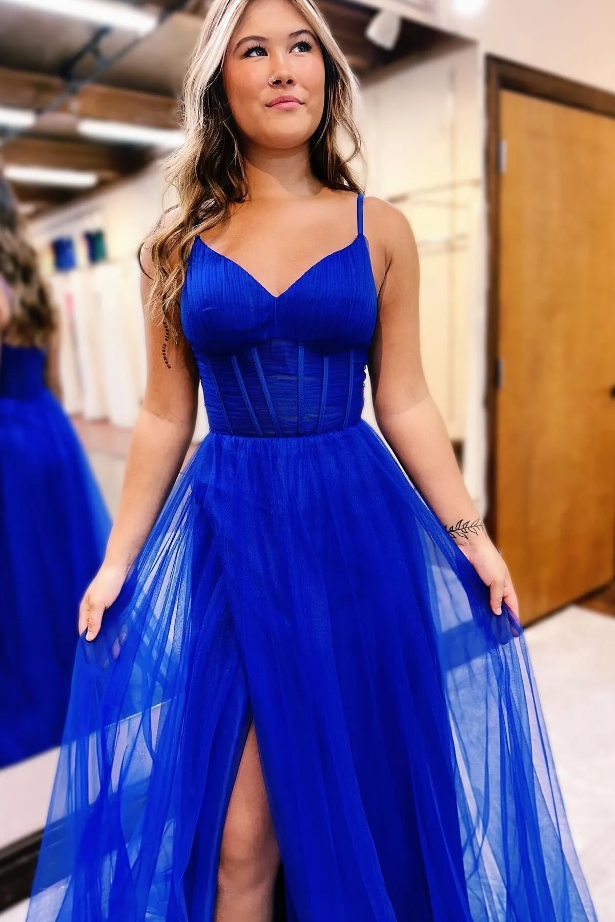 Galilea | Fuchsia V-Neck Sheer Bodice A-Line Long Prom Dress with Slit