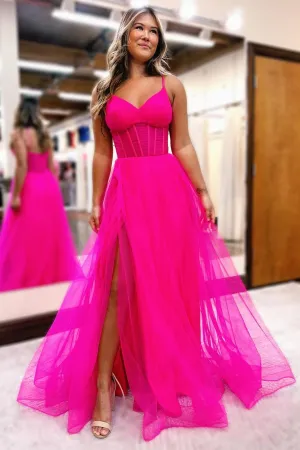 Galilea | Fuchsia V-Neck Sheer Bodice A-Line Long Prom Dress with Slit