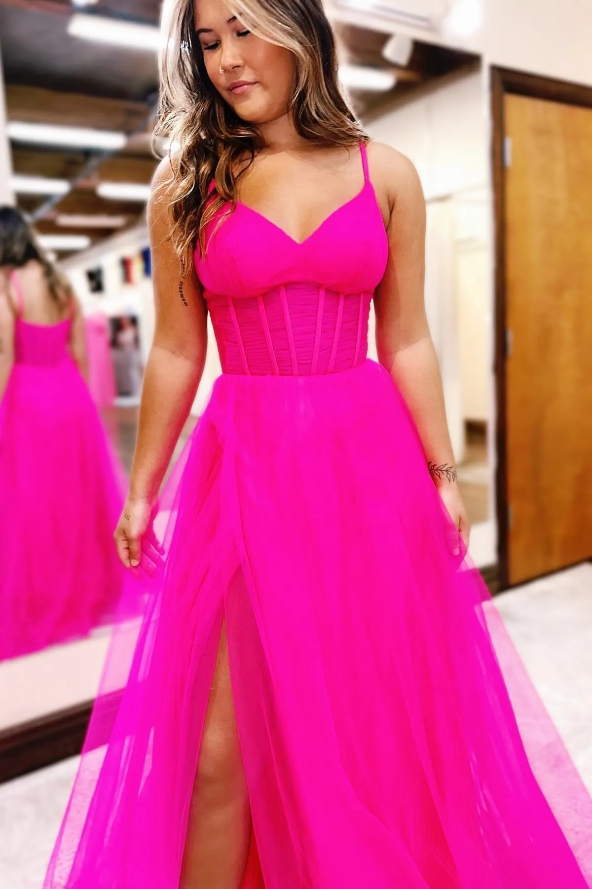 Galilea | Fuchsia V-Neck Sheer Bodice A-Line Long Prom Dress with Slit