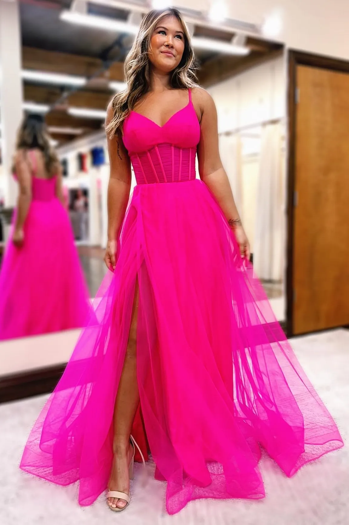 Galilea | Fuchsia V-Neck Sheer Bodice A-Line Long Prom Dress with Slit