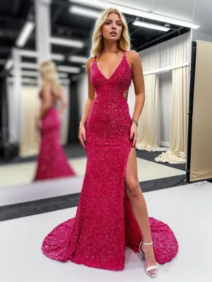 Glitter Red Mermaid V Neck Cut Out Prom Dress with Slit
