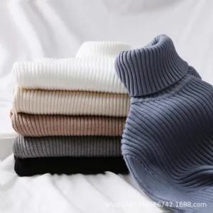 High Collar Women Short Slimming Slim-Look Knitted Long Sleeved Sweater