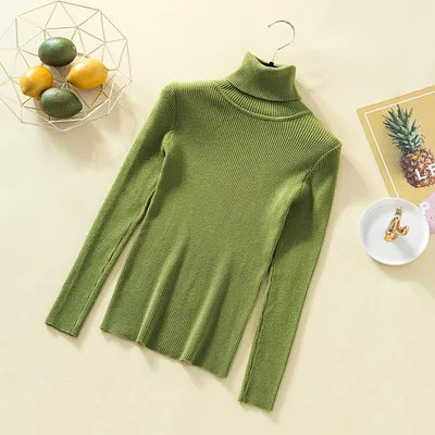High Collar Women Short Slimming Slim-Look Knitted Long Sleeved Sweater