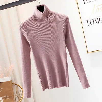 High Collar Women Short Slimming Slim-Look Knitted Long Sleeved Sweater