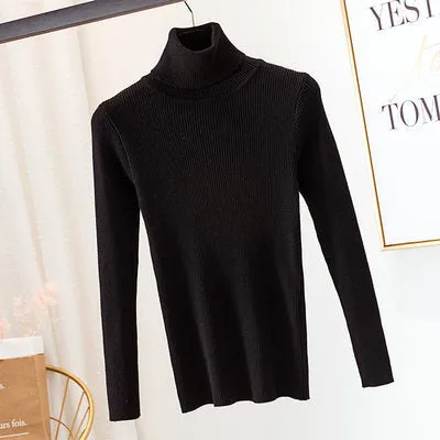 High Collar Women Short Slimming Slim-Look Knitted Long Sleeved Sweater