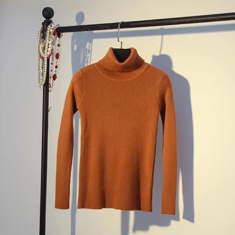 High Collar Women Short Slimming Slim-Look Knitted Long Sleeved Sweater