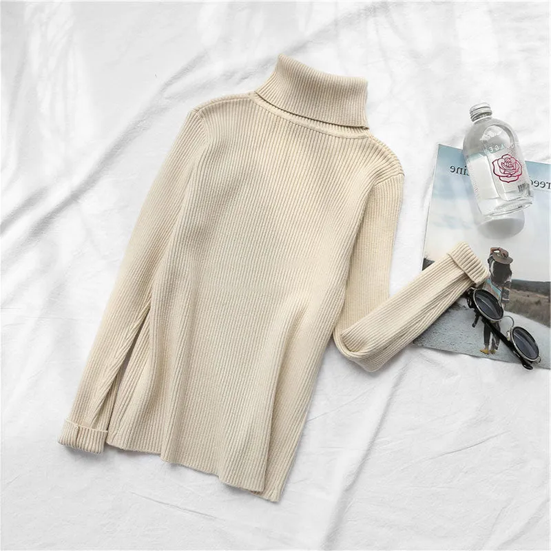 High Collar Women Short Slimming Slim-Look Knitted Long Sleeved Sweater
