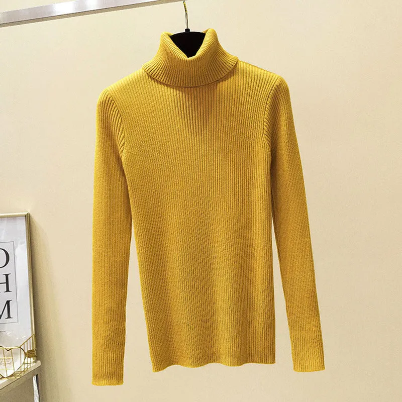 High Collar Women Short Slimming Slim-Look Knitted Long Sleeved Sweater