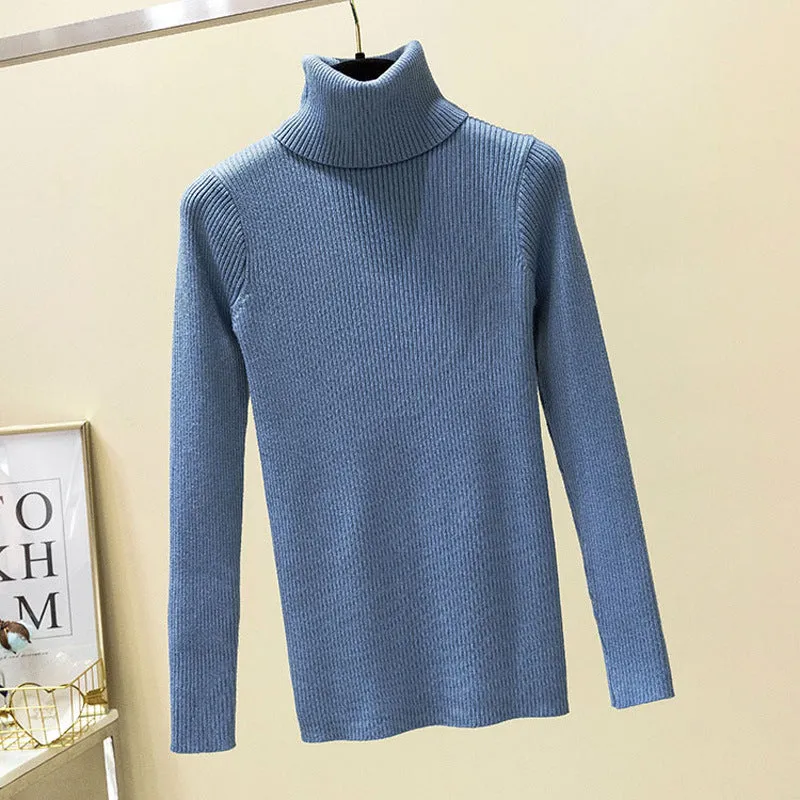 High Collar Women Short Slimming Slim-Look Knitted Long Sleeved Sweater