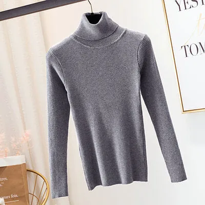High Collar Women Short Slimming Slim-Look Knitted Long Sleeved Sweater