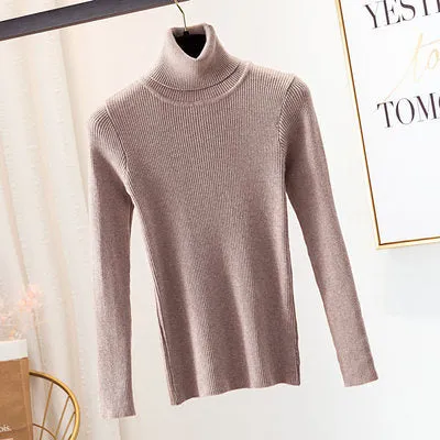 High Collar Women Short Slimming Slim-Look Knitted Long Sleeved Sweater