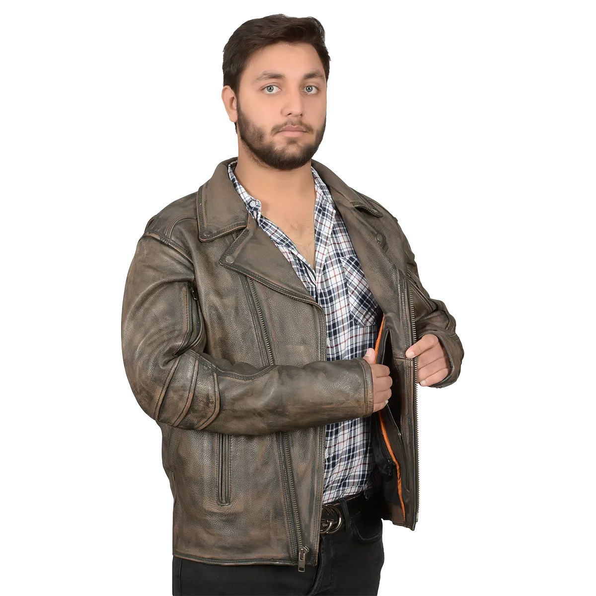 HMM517DB Men's Distressed Brown Leather Racer Jacket with Vents