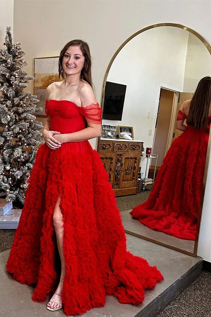 Kenia |A Line Off the Shoulder Ruffled Tulle Prom Dress with Slit