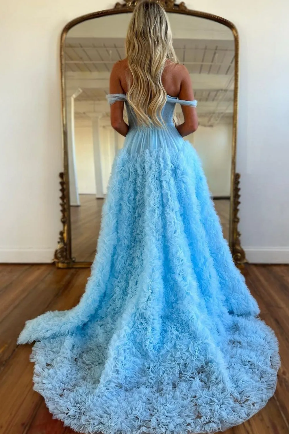 Kenia |A Line Off the Shoulder Ruffled Tulle Prom Dress with Slit
