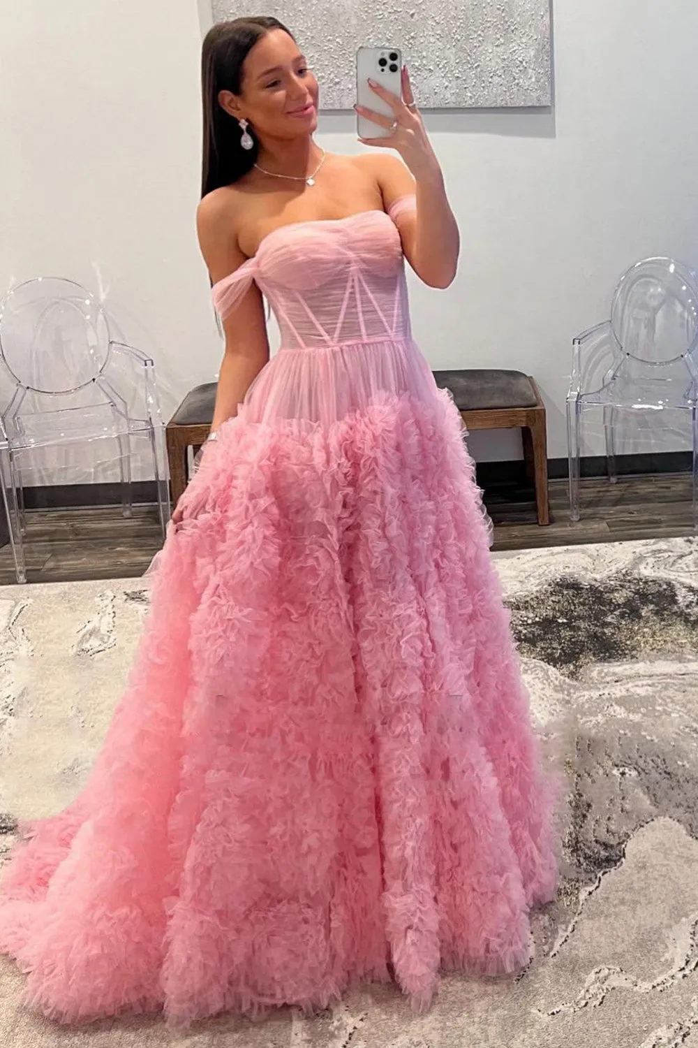 Kenia |A Line Off the Shoulder Ruffled Tulle Prom Dress with Slit