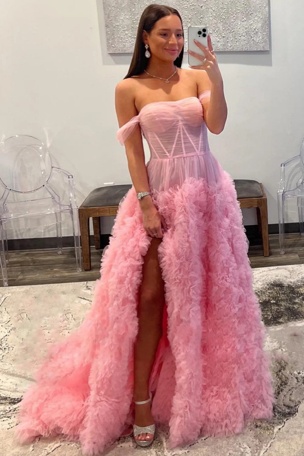 Kenia |A Line Off the Shoulder Ruffled Tulle Prom Dress with Slit