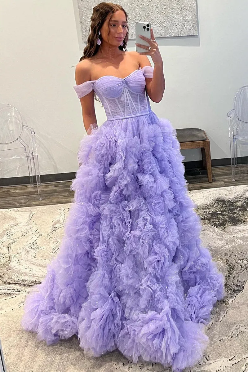 Kenia |A Line Off the Shoulder Ruffled Tulle Prom Dress with Slit