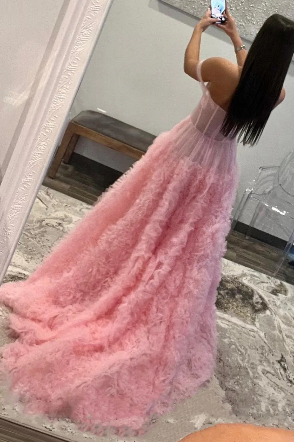 Kenia |A Line Off the Shoulder Ruffled Tulle Prom Dress with Slit