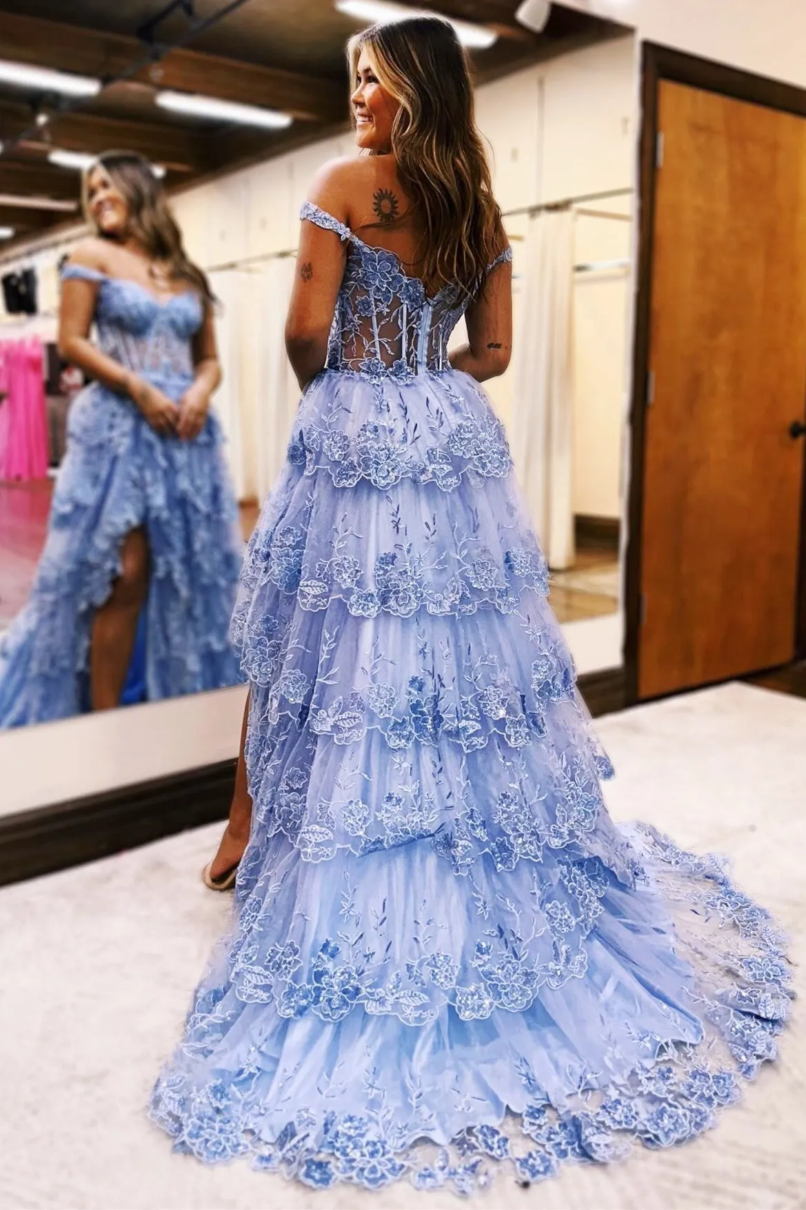 Maryann | Periwinkle Tulle Appliques Off-the-Shoulder Ruffle Long Prom Dress