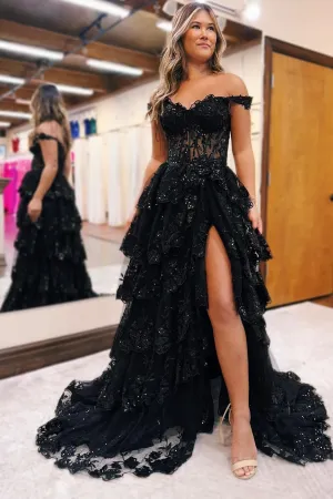 Maryann | Periwinkle Tulle Appliques Off-the-Shoulder Ruffle Long Prom Dress