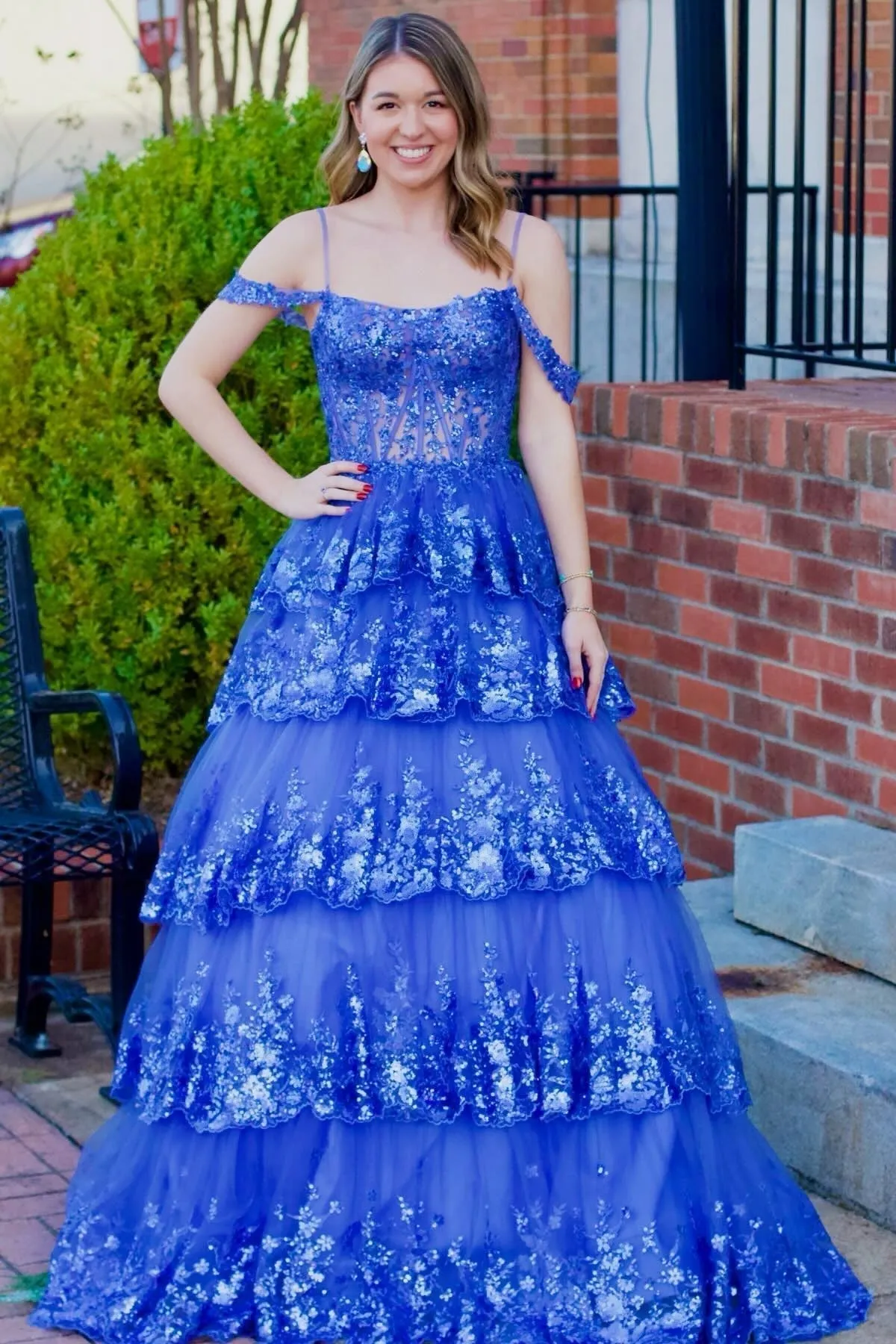 Maureen | Tulle Sequin Cold-Shoulder Ruffle Tiered Long Prom Dress
