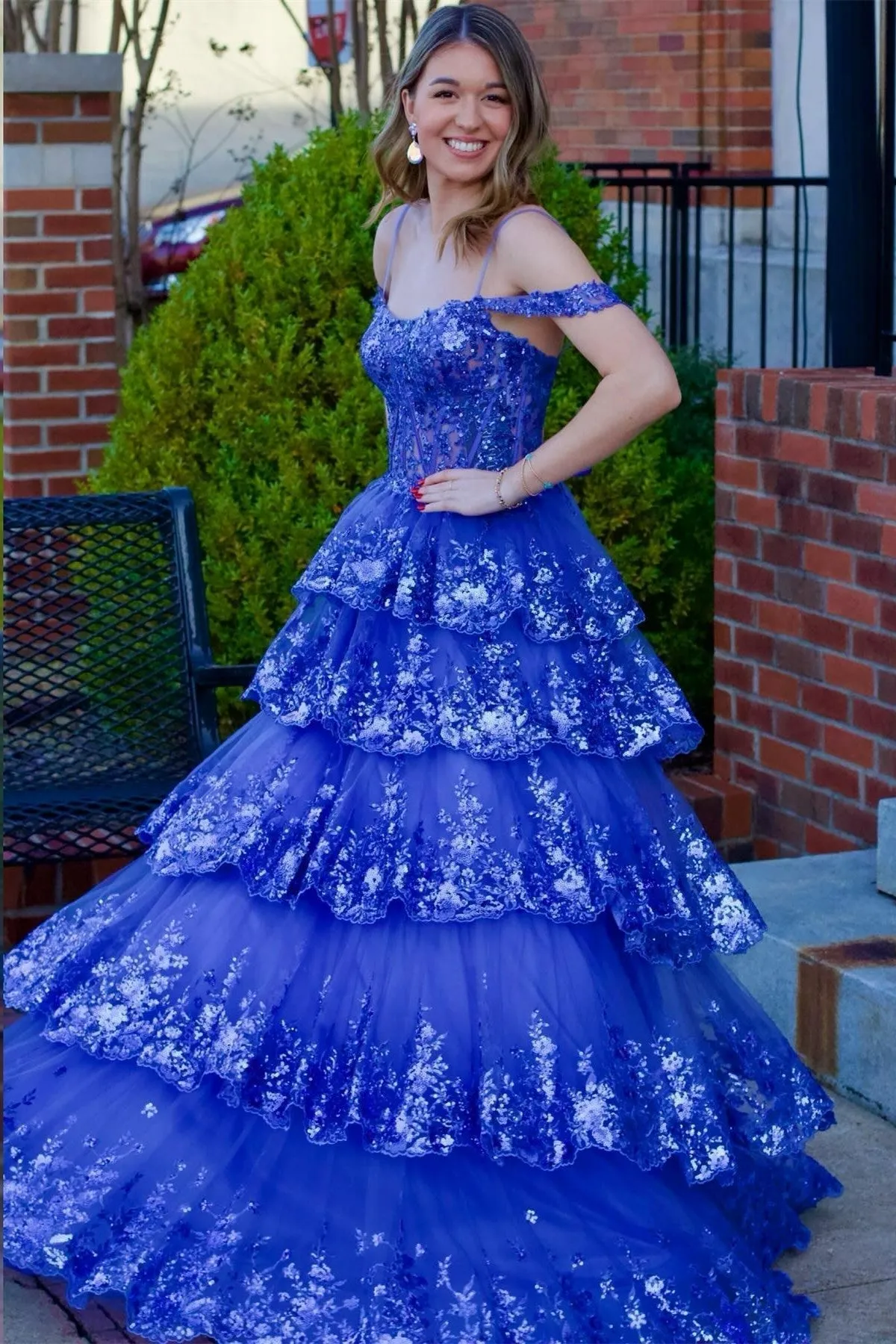 Maureen | Tulle Sequin Cold-Shoulder Ruffle Tiered Long Prom Dress