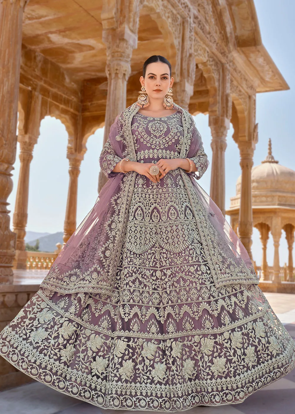 Mauve Front & Back Stone Embroidered Wedding Anarkali Suit