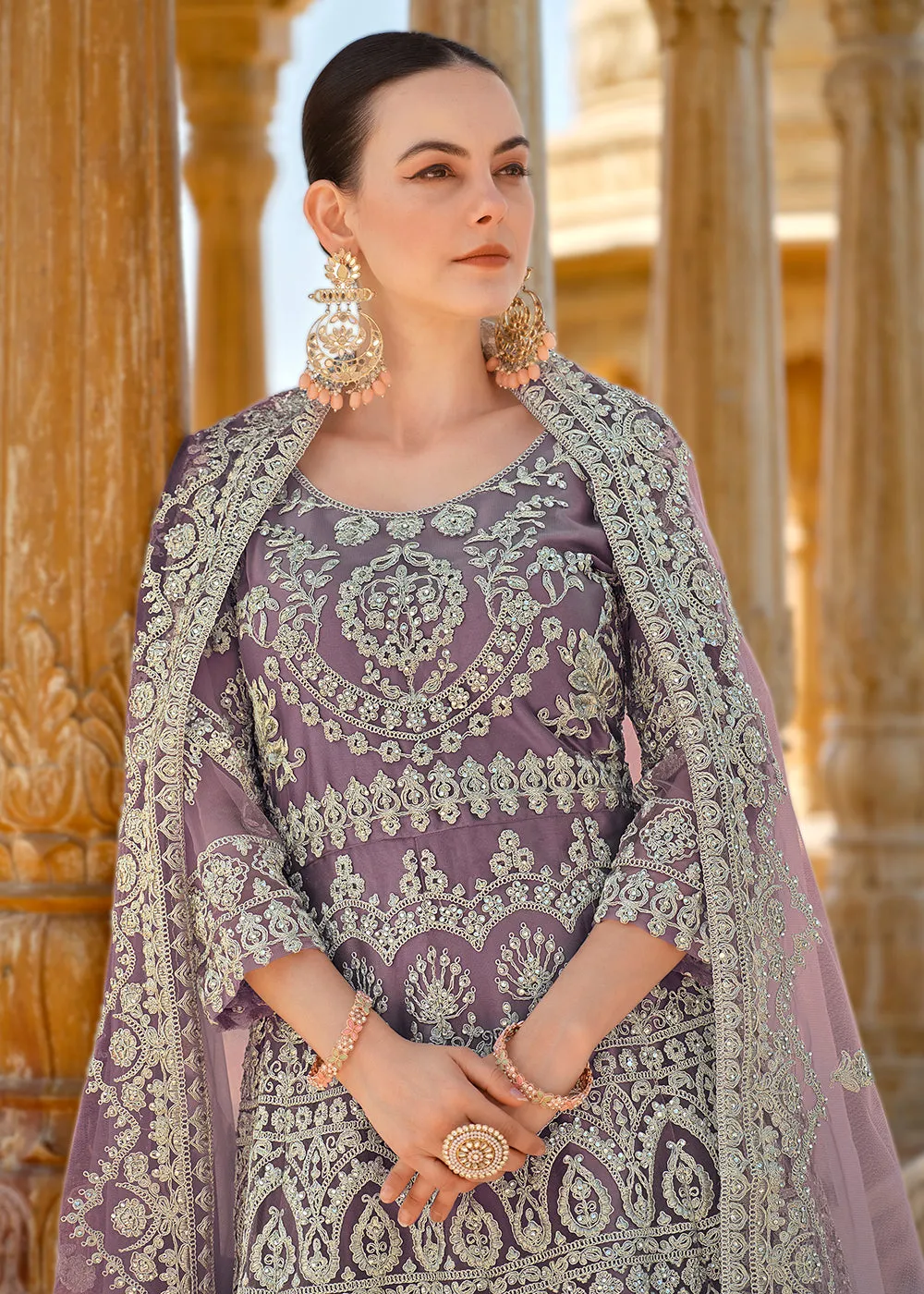 Mauve Front & Back Stone Embroidered Wedding Anarkali Suit