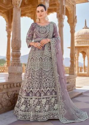 Mauve Front & Back Stone Embroidered Wedding Anarkali Suit