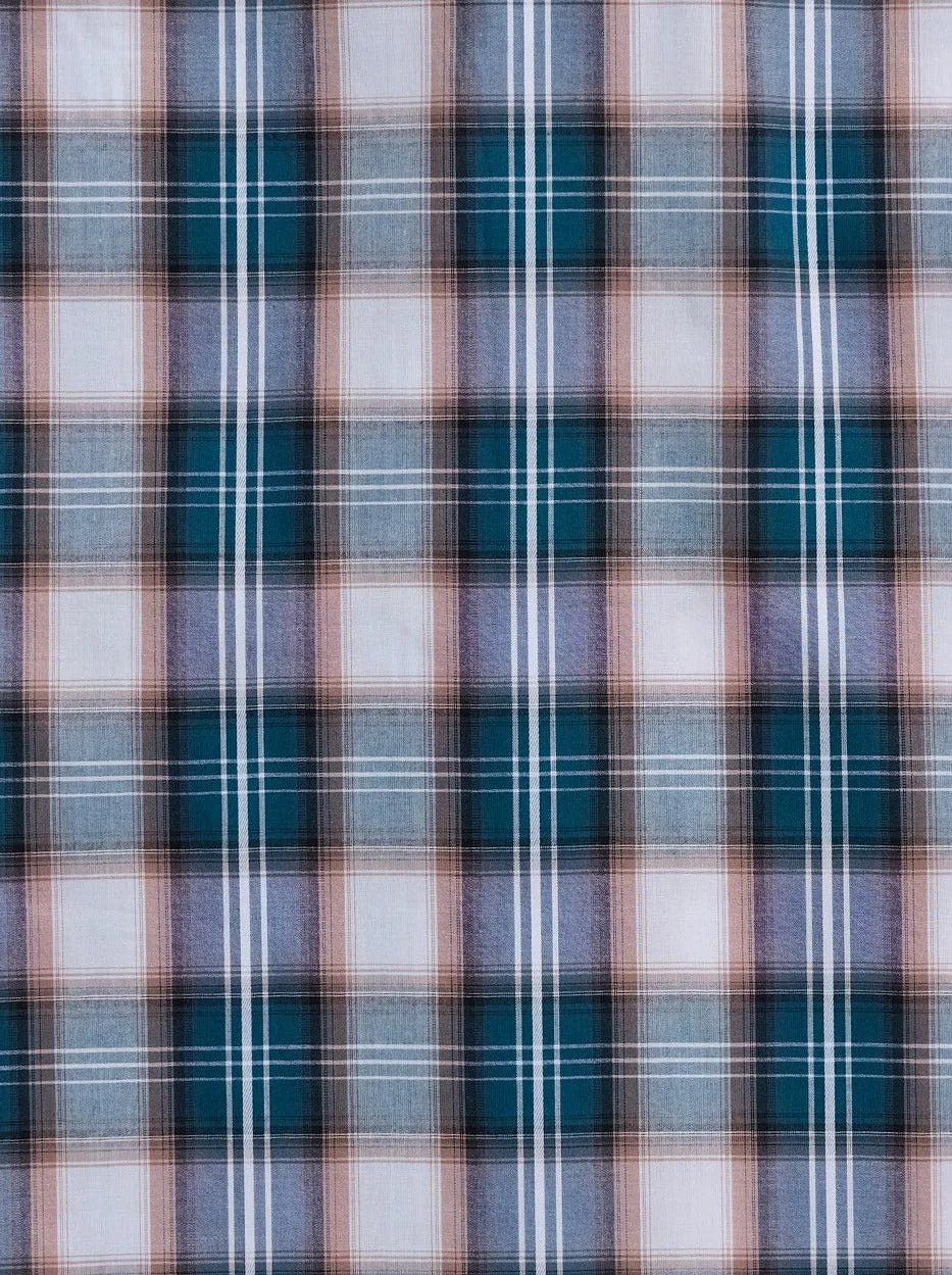 Men's Ely Cattleman Long Sleeve Textured Plaid Western Snap Shirt- Teal & Khaki
