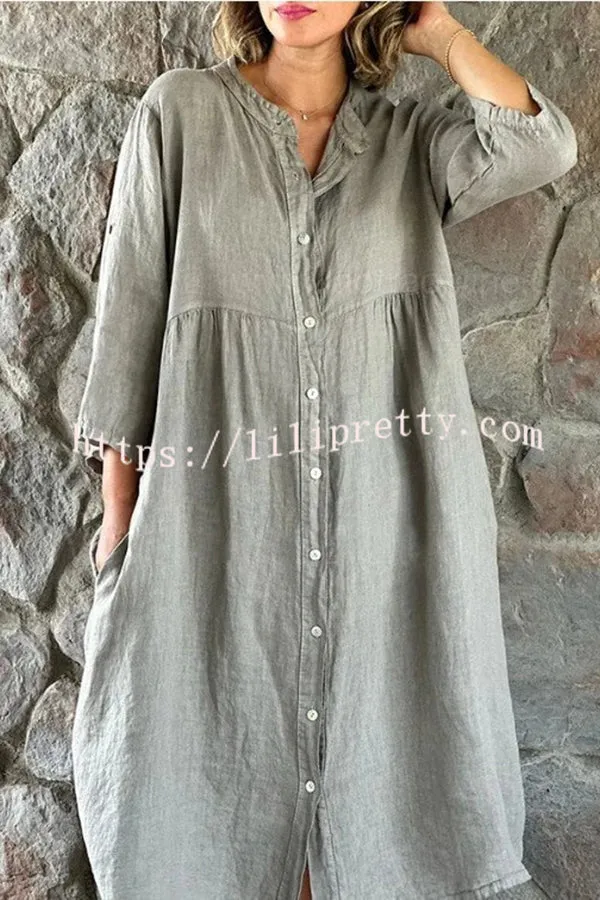 Mindful Cotton Blend Solid Color Button Casual Midi Dress